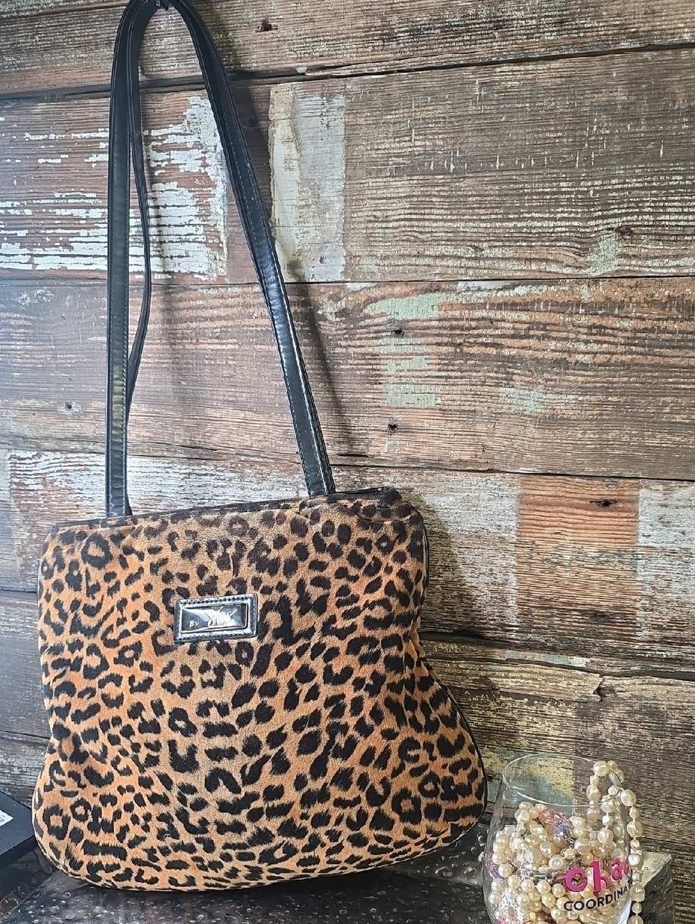 Sharif Leopard Print Shoulder Bag - Black Straps, EUC
